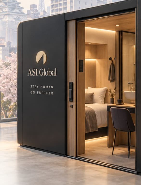 ASI Micro Hotel unit set against the Osaka skyline